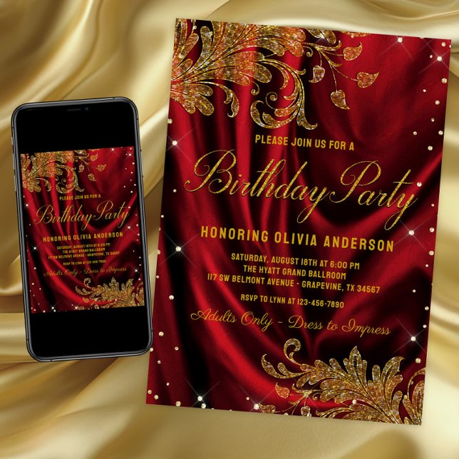 Invitación a la fiesta de cumpleaños de oro de Bor (Womans elegant red and gold birthday party invitation with gold swirls on a red satin background.)
