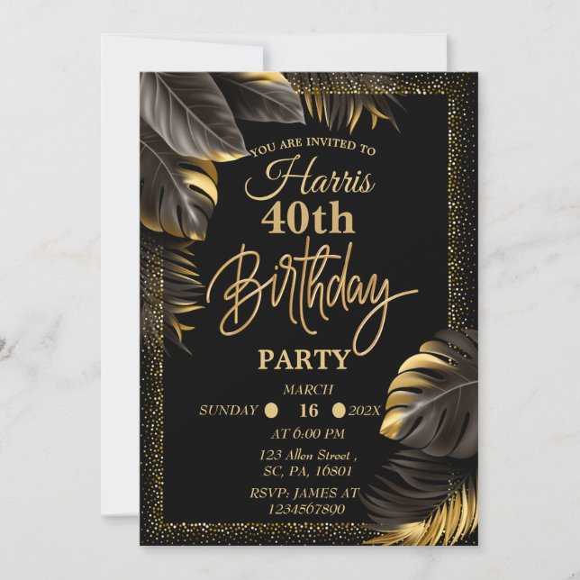 Invitación a la fiesta de cumpleaños de oro negro (Anverso)