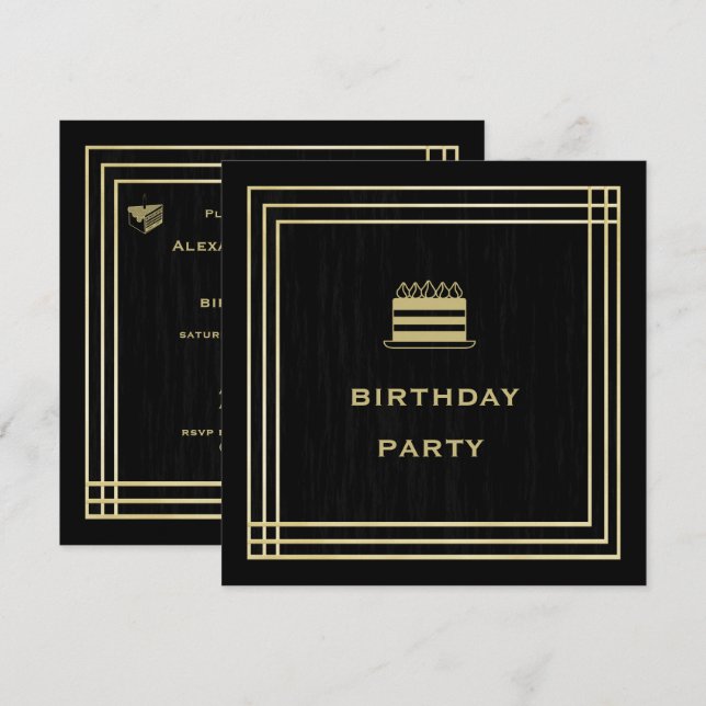 Invitación a la fiesta de cumpleaños de oro y negr (Anverso / Reverso)