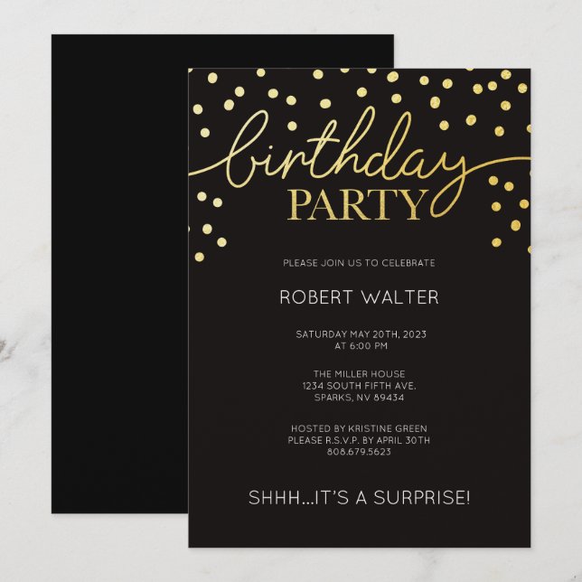 Invitación a la fiesta de cumpleaños de oro y negr (Anverso / Reverso)