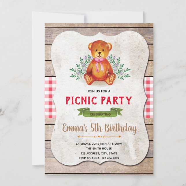 invitación a la fiesta de cumpleaños de oso (Anverso)
