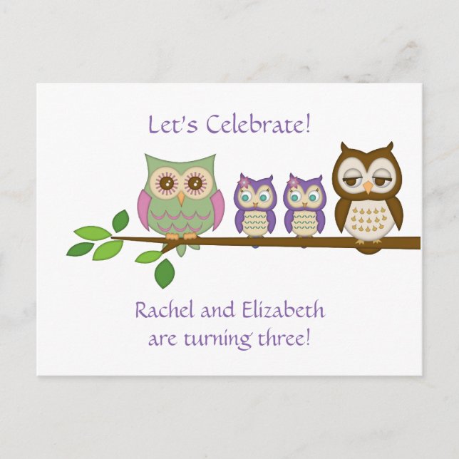 Invitación a la fiesta de cumpleaños de Owl Twins (Anverso)