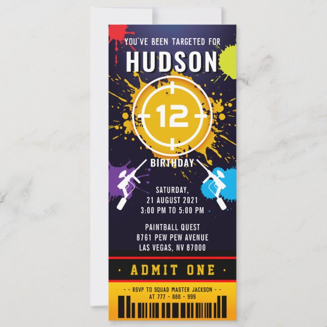 Invitación a la fiesta de cumpleaños de Paintball  (Anverso)