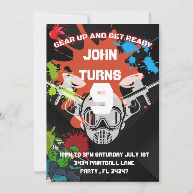 Invitación a la fiesta de cumpleaños de Paintball (Anverso)