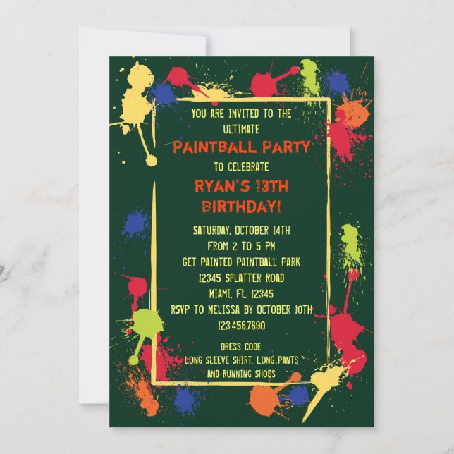 Invitación a la fiesta de cumpleaños de Paintball (Anverso)