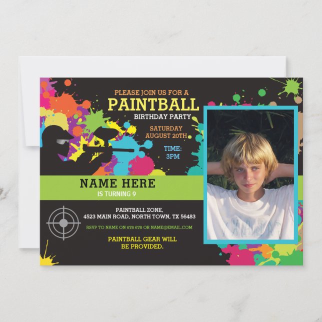 Invitación a la fiesta de cumpleaños de Paintball (Anverso)