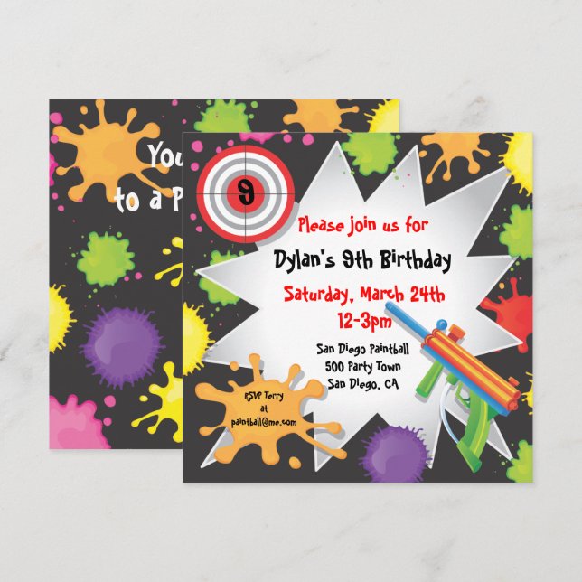 Invitación a la fiesta de cumpleaños de Paintball (Anverso / Reverso)