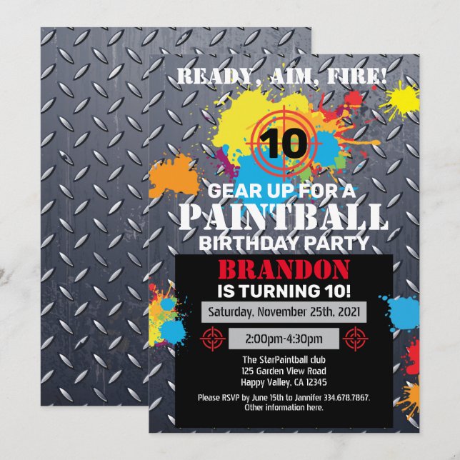 Invitación a la fiesta de cumpleaños de Paintball  (Anverso / Reverso)