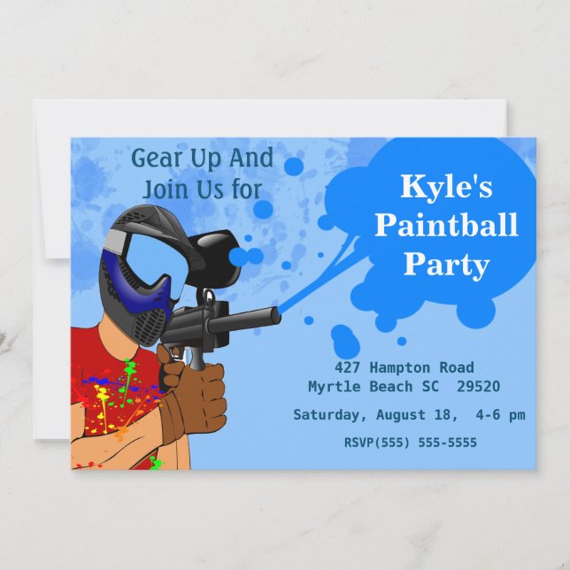 Invitación a la fiesta de cumpleaños de Paintball (Anverso)