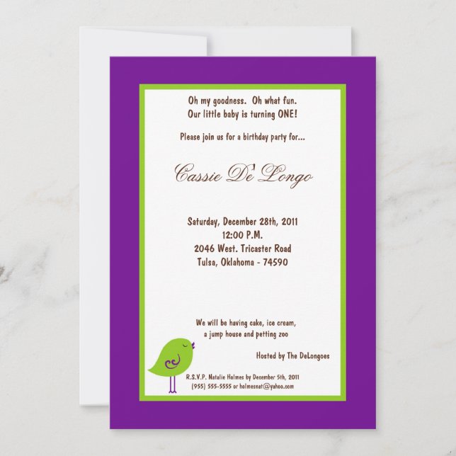 Invitación a la fiesta de cumpleaños de Pájaros Pú (Anverso)