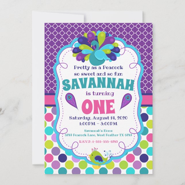 Invitación a la fiesta de cumpleaños de Peacock pa (Anverso)