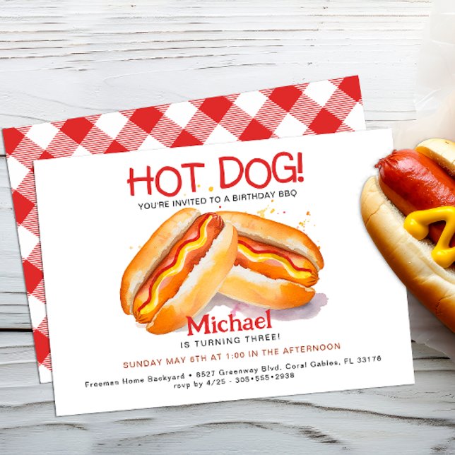 Invitación a la fiesta de cumpleaños de perro cali (Hot Dog Cookout Invite)