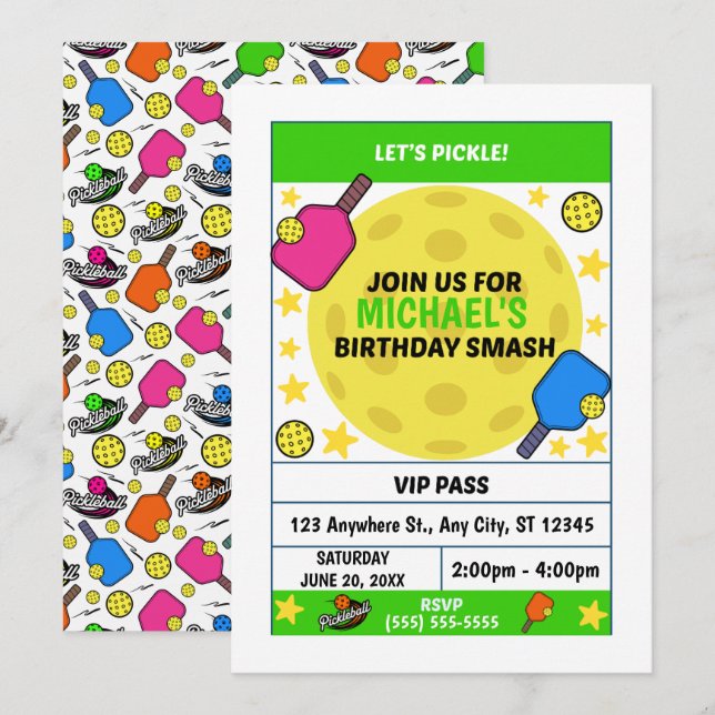 Invitación a la Fiesta de Cumpleaños de Pickleball (Anverso / Reverso)