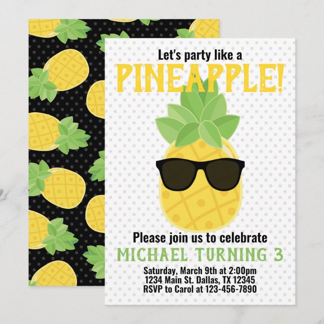 Invitación a la fiesta de cumpleaños de piña (Anverso / Reverso)