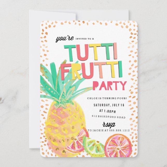 Invitación a la fiesta de cumpleaños de piña TUTTI (Anverso)