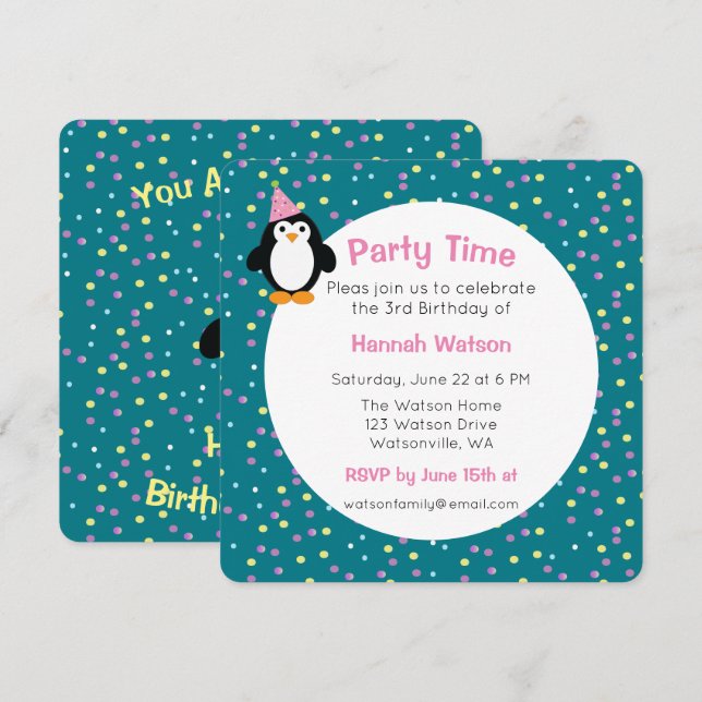 Invitación a la fiesta de cumpleaños de Pingüino F (Anverso / Reverso)