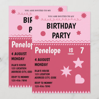 Invitación a la fiesta de cumpleaños de Pink Hello