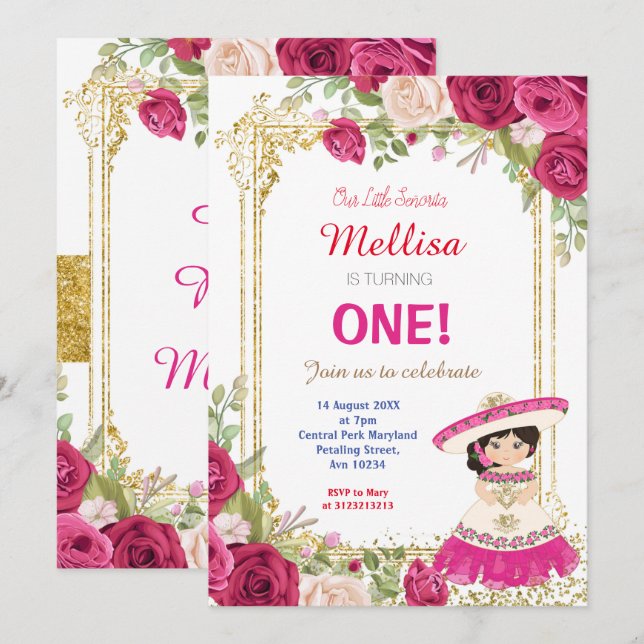 Invitación a la fiesta de cumpleaños de Pink Roses (Anverso / Reverso)