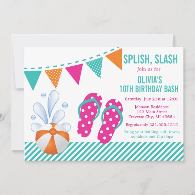 Invitación a la fiesta de cumpleaños de piscina o  (Anverso)