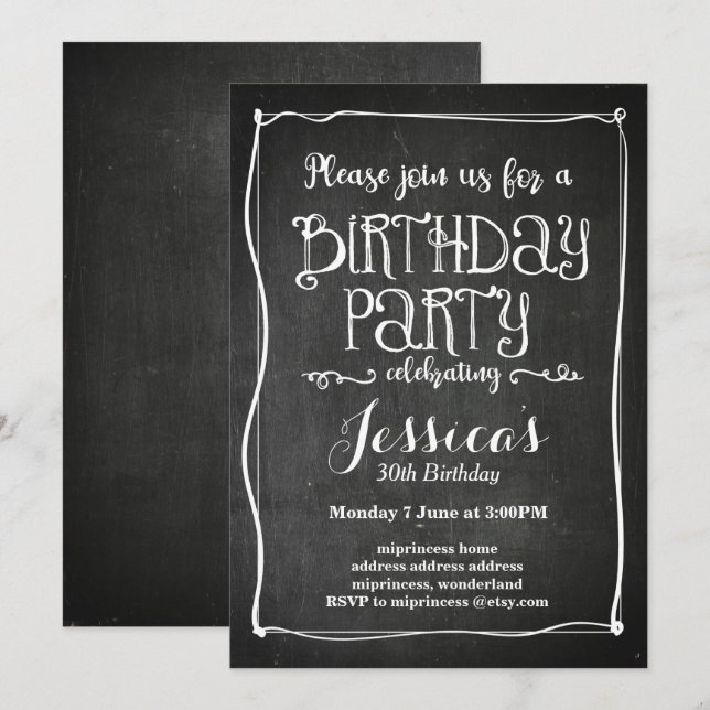 invitación a la fiesta de cumpleaños de pizarra (Anverso / Reverso)