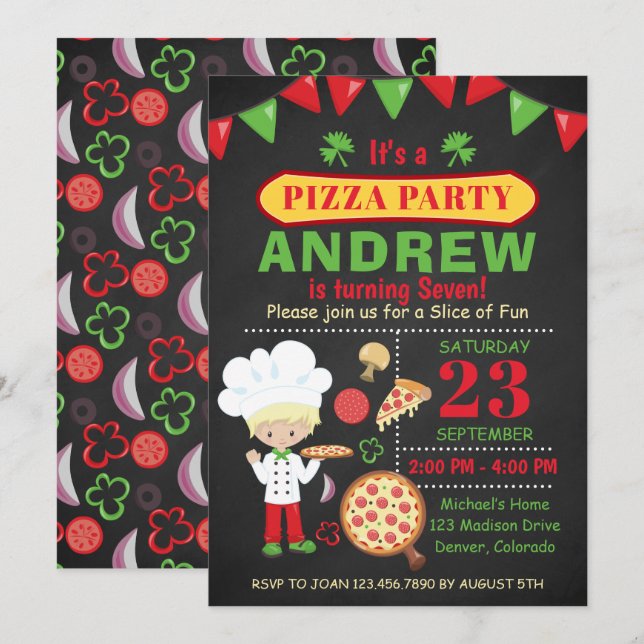Invitación a la fiesta de cumpleaños de Pizza (Anverso / Reverso)