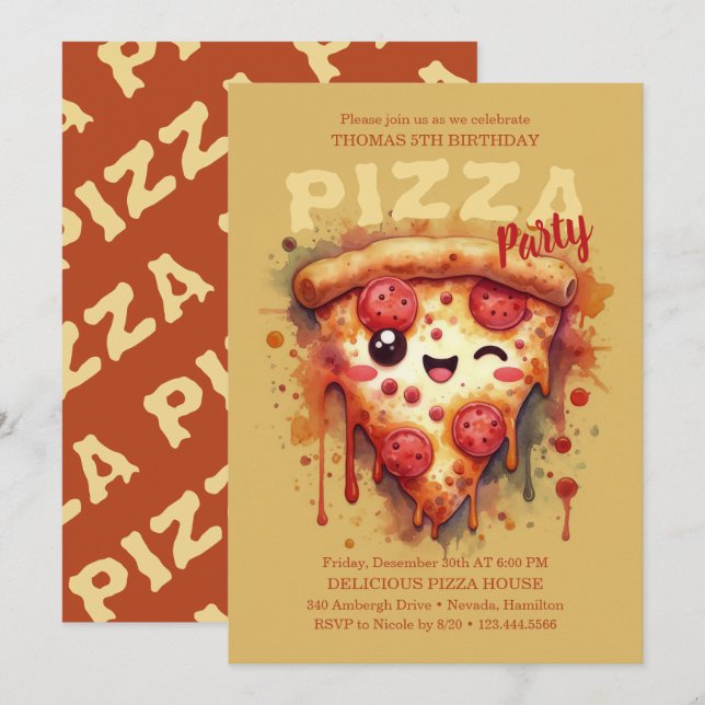 Invitación a la fiesta de cumpleaños de Pizza (Anverso / Reverso)