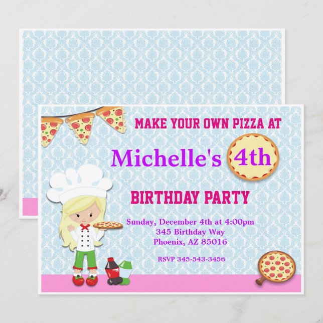 Invitación a la fiesta de cumpleaños de Pizza (Anverso / Reverso)