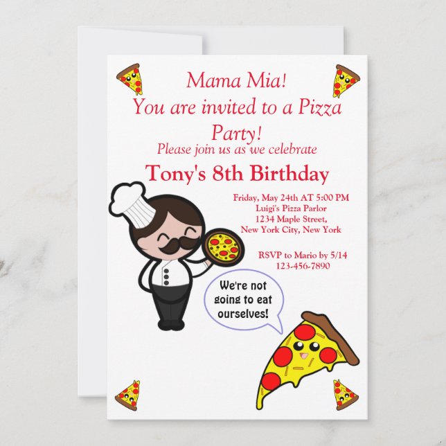 Invitación a la fiesta de cumpleaños de Pizza (Anverso)