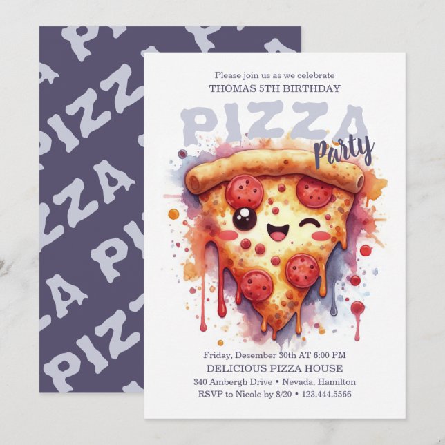 Invitación a la fiesta de cumpleaños de Pizza (Anverso / Reverso)