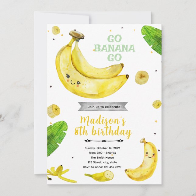Invitación a la fiesta de cumpleaños de plátano (Anverso)