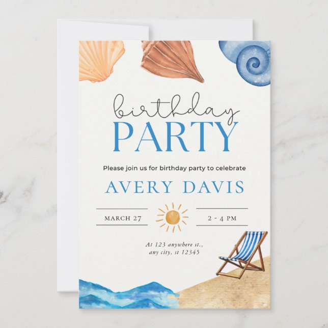 Invitación a la fiesta de cumpleaños de playa (Anverso)