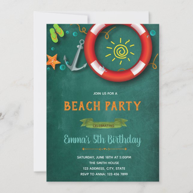 Invitación a la fiesta de cumpleaños de playa (Anverso)