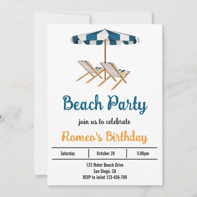 Invitación a la fiesta de cumpleaños de playa (Anverso)
