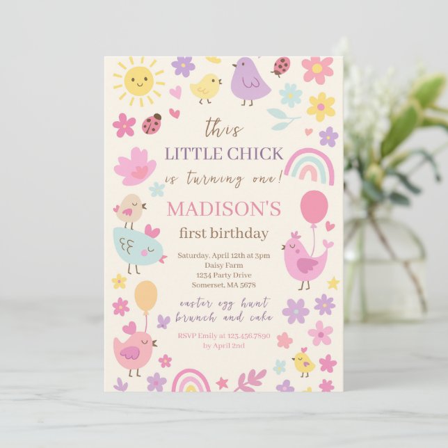 Invitación a la fiesta de cumpleaños de Pollo Rosa (Anverso de pie)