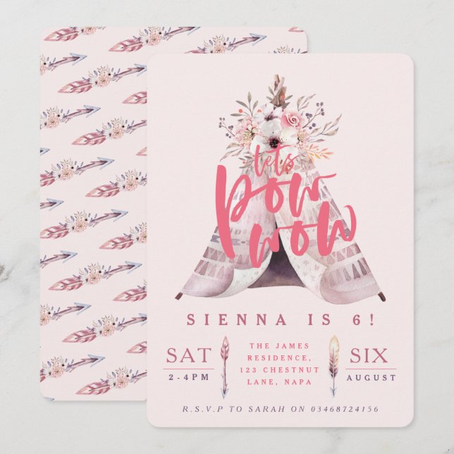 Invitación a la fiesta de cumpleaños de Pow wow te (Anverso / Reverso)