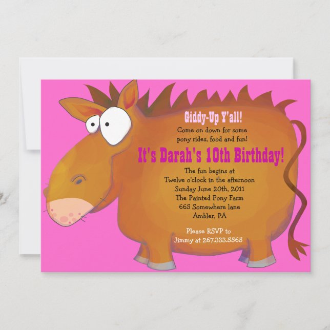 Invitación a la fiesta de cumpleaños de PUDGY PONY (Anverso)