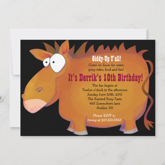 Invitación a la fiesta de cumpleaños de PUDGY PONY (Anverso)