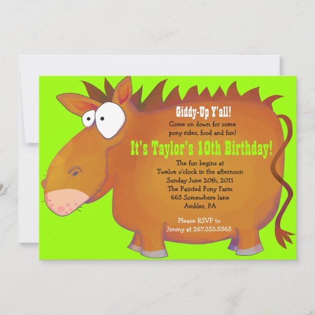 Invitación a la fiesta de cumpleaños de PUDGY PONY (Anverso)