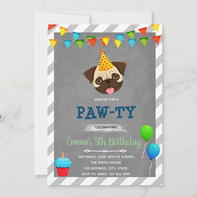 Invitación a la fiesta de cumpleaños de Pug (Anverso)