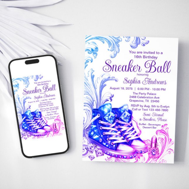 Invitación a la fiesta de cumpleaños de Purple Ver (Purple teal sneaker ball invitation with bling sneakers. Avaialble for Print and Instant Download.)