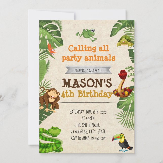 Invitación a la fiesta de cumpleaños de Rainforest (Anverso)