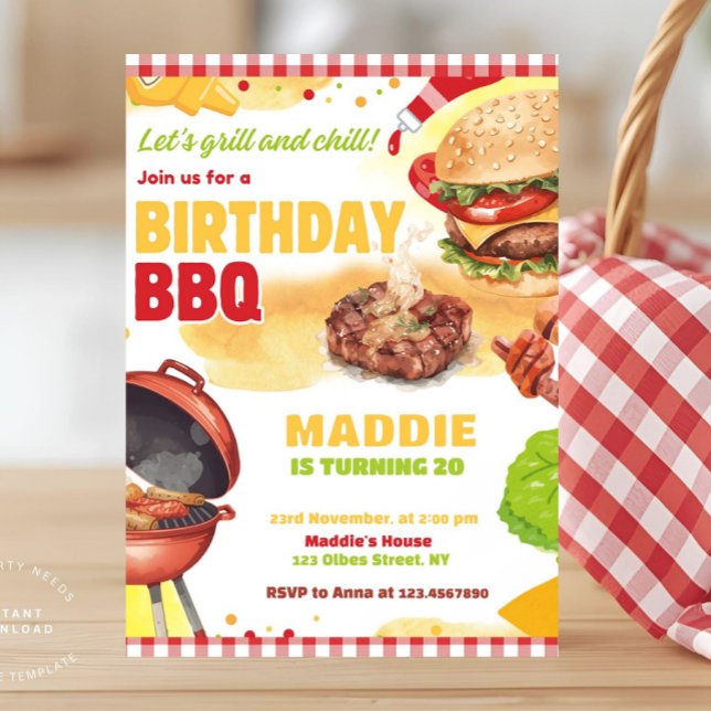 Invitación a la fiesta de cumpleaños de Red Gingha (bbq birthday invitation, barbecue invitation, cookout birthday party invite, red gingham, summer bbq)