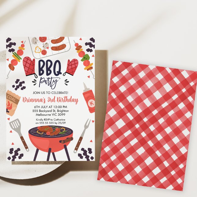 Invitación a la fiesta de cumpleaños de Red Gingha (Bbq birthday party invitation, Backyard Bbq Birthday Invitation, Gingham pattern, Summer Bbq Party)