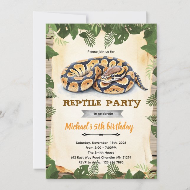 invitación a la fiesta de cumpleaños de reptil pit (Anverso)