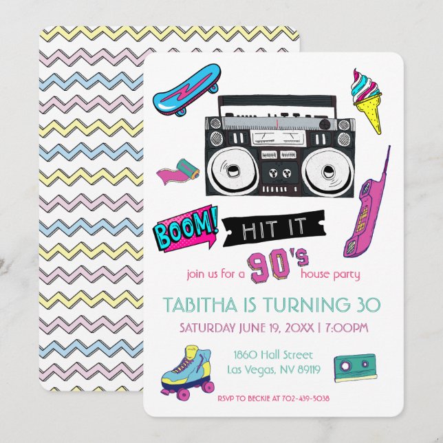 Invitación a la fiesta de cumpleaños de Retro 90 (Anverso / Reverso)