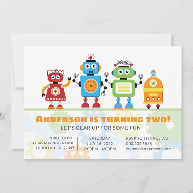 Invitación a la fiesta de cumpleaños de robot (Anverso)