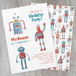 Invitación a la fiesta de cumpleaños de Robot Kids<br><div class="desc">¡Es hora de un fiesta! Un divertido grupo de adorables robots pequeños,  listos para el personalizar con el nombre,  edad y detalles fiestas de su hijo. La parte trasera tiene un patrón de robot bonito y caprichoso.</div>