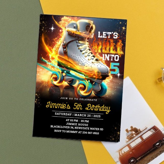 Invitación a la fiesta de cumpleaños de Rolling Sk (Rolling Skate Fire Birthday Party Invitation)