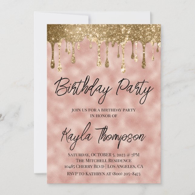 Invitación a la fiesta de cumpleaños de Rosa Gold  (Anverso)