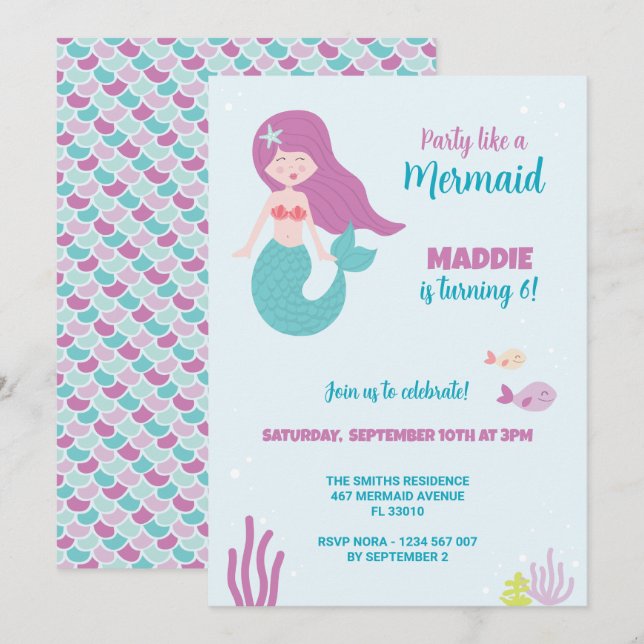 Invitación a la fiesta de cumpleaños de Sirena (Anverso / Reverso)